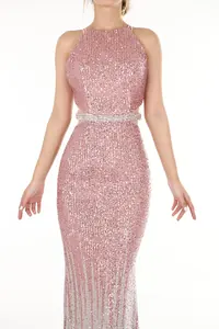Pembe Payetli Halter Abiye